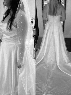Handmade Cathedral Pearl Wedding Veil | Pearl Trim | Soft Tulle | White | Bridal